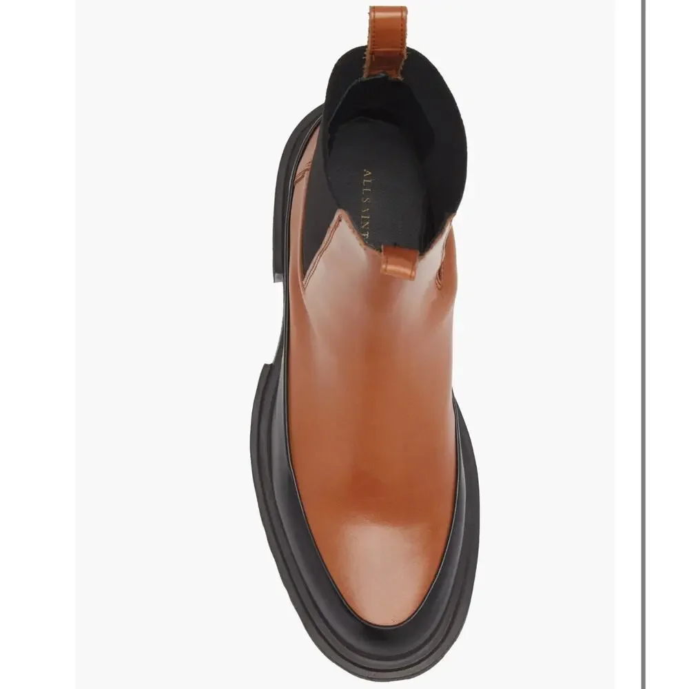 AllSaints Harlee Women Tan Lug Sole Chelsea Boot Sz 8 Leather Padded Footbed New